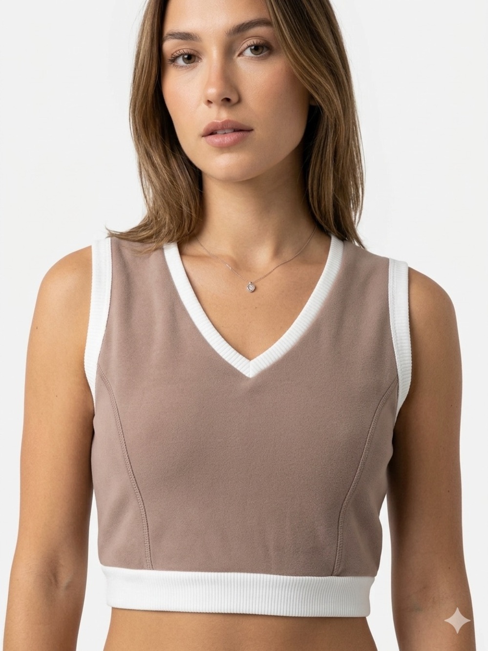 Vintage Sleeveless V-Neck Knit Crop Top in Taupe with White Ribbing